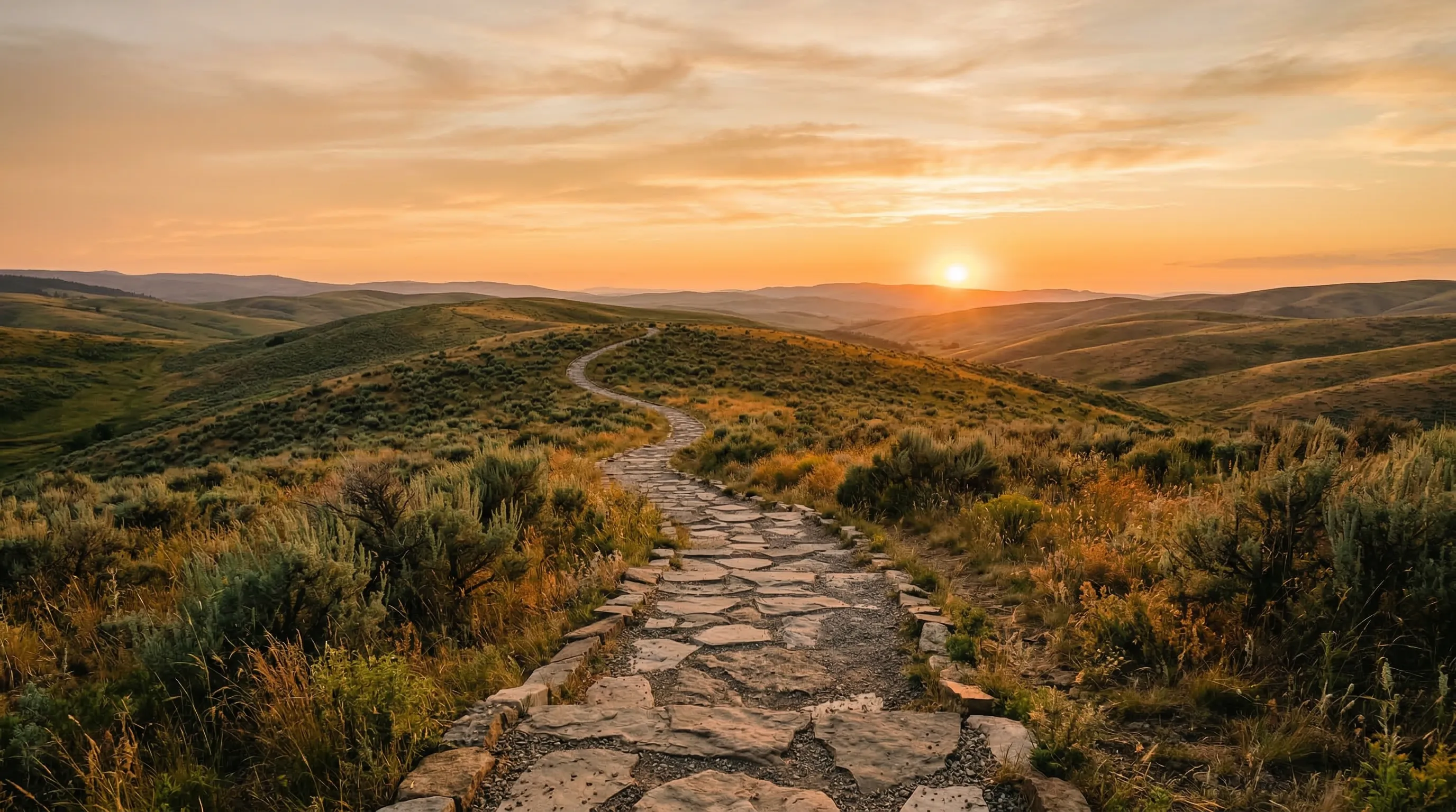 Stone pathway winding through golden hills at sunset, symbolizing a journey built on trust