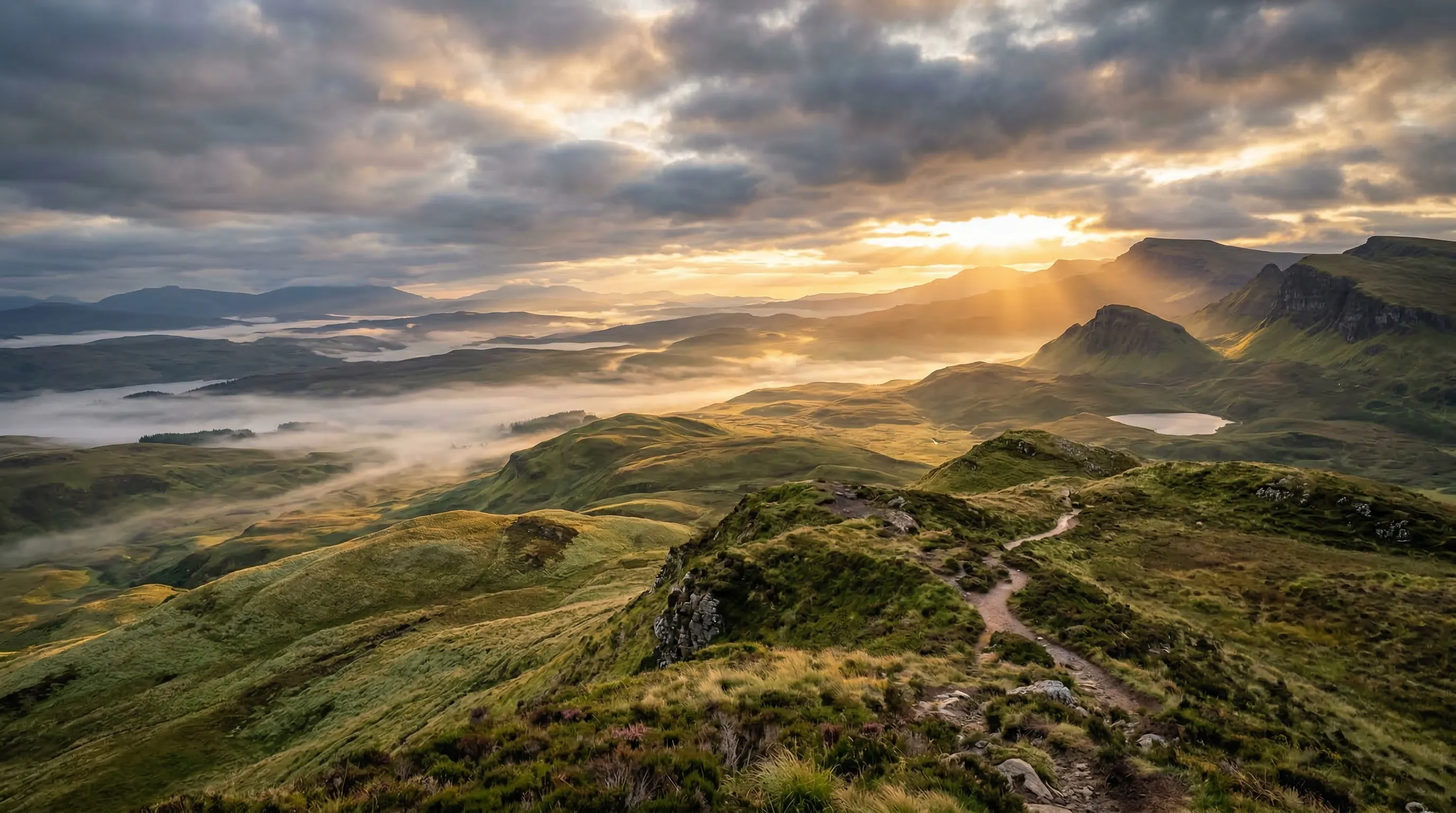 Dramatic sunrise over green hills, representing clarity and answers